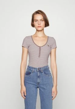 Abercrombie & Fitch ICON HENLEY FALL STRIPE - Print T-shirt - Tan/white