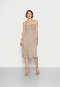 Abercrombie & Fitch SMOCKED BODICE MIDI DRESS - Day Dress - Tan Dot