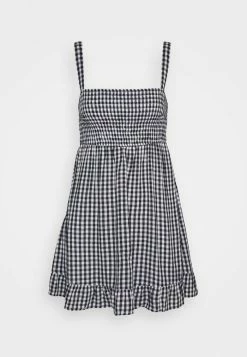 Abercrombie & Fitch SMOCKED BABYDOLL SHORT DRESS - Day Dress - Navy Gingham