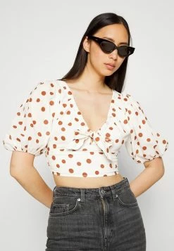 Abercrombie & Fitch PUFF SLEEVE PLUNGE CINCHED FRONT FASHION - Print T-shirt - White -Abercrombie & Fitch Shop 86ed4902ccf6446e8b47aebaa873d8b2