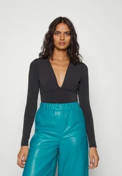 Abercrombie & Fitch SLINKY DEEP V RUCHED BODYSUIT - Long Sleeved Top - Black Beauty