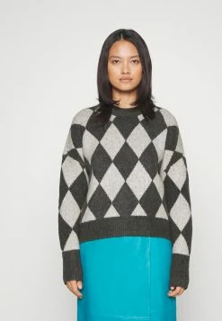 Abercrombie & Fitch VINTAGE WEDGE FIT CREW PATTERN - Jumper - White Sand/charcoal