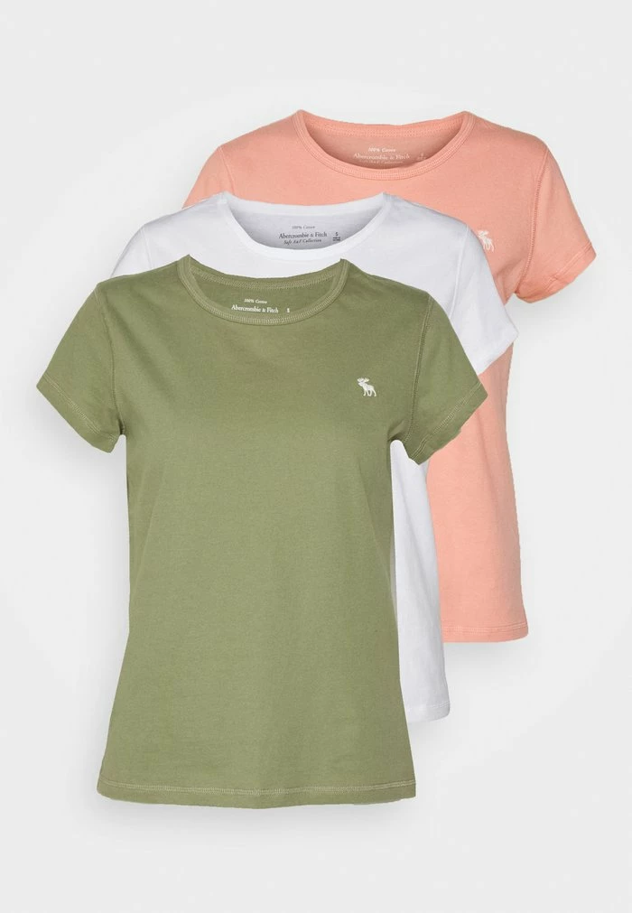 Abercrombie & Fitch CREW MULTI 3 PACK - Basic T-shirt - Oil Green/lobster Bisque/white 7 Abercrombie & Fitch CREW MULTI 3 PACK - Basic T-shirt - Oil Green/lobster Bisque/white - Image 7